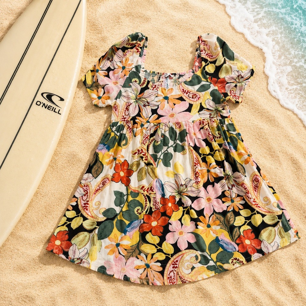 ONeill Boho Babydoll Dress Women L Floral Paisley Smocked Bodice Resort Sundress